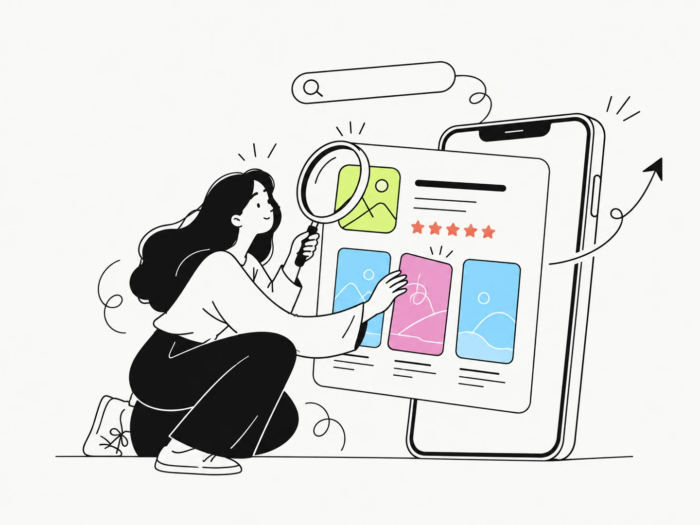 Ilustracja App Store Optimization: analiza karty aplikacji, wyszukiwania i screenshotów
